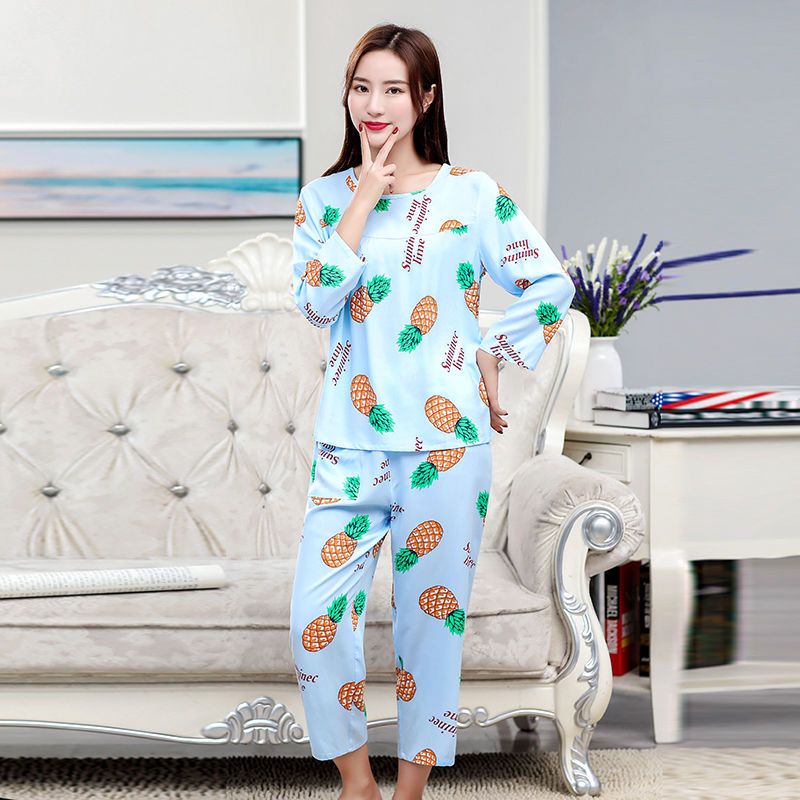 Spring and autumn long-sleeved cotton silk pajamas women's man-made cotton suit summer home service princess wind thin section cartoon suit for women