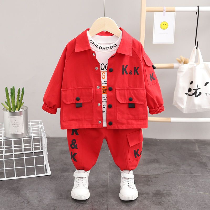 Boys' autumn clothes suit male baby trendy tooling three-piece suit boy handsome early autumn foreign style children's clothing Korean version