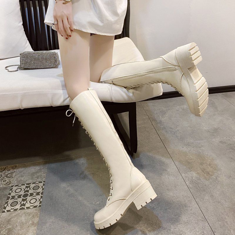 Long boots  autumn and winter new knight boots lace-up riding boots British style but knee women's shoes high-heeled ins tide