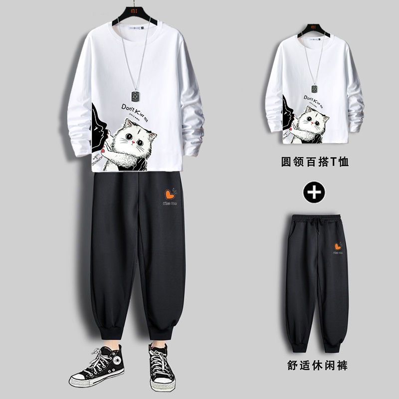 Autumn new long sleeve t-shirt men's sportswear fashion Korean fashion casual loose a set of nine point pants
