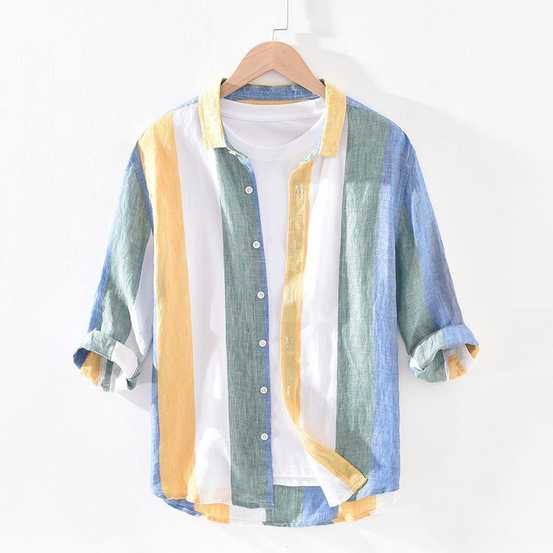 Summer Japanese striped shirt men's trendy 3 / 4 sleeve loose thin style versatile Chinese sleeve Korean style half sleeve shirt