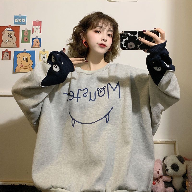 Fat mm large women's clothing 2020 spring and Autumn New Korean small monster loose Pullover long sleeve Plush sweater coat