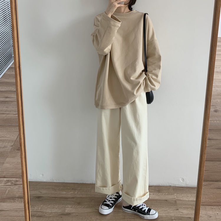 Single / set autumn / Winter Fashion Korean loose student college style long sleeve sweater casual wide leg pants two piece set for women