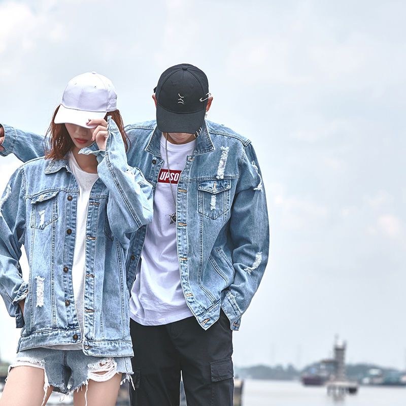 Autumn ripped denim jacket male student Korean version jacket male trendy handsome loose gown jacket couple clothes