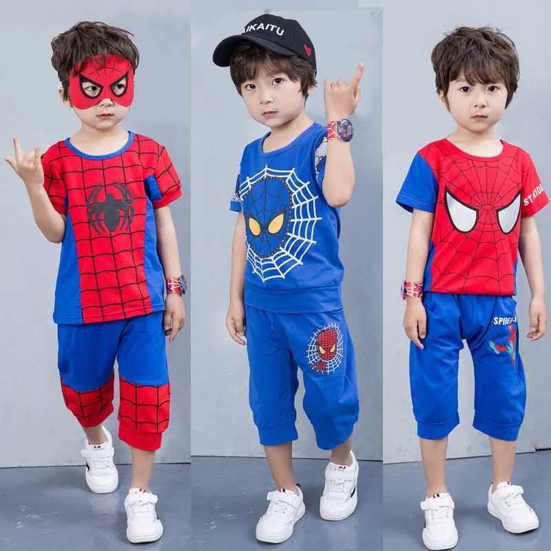 Children's wear boys' summer short sleeve suit spider man Superman sports suit cotton children's two piece suit