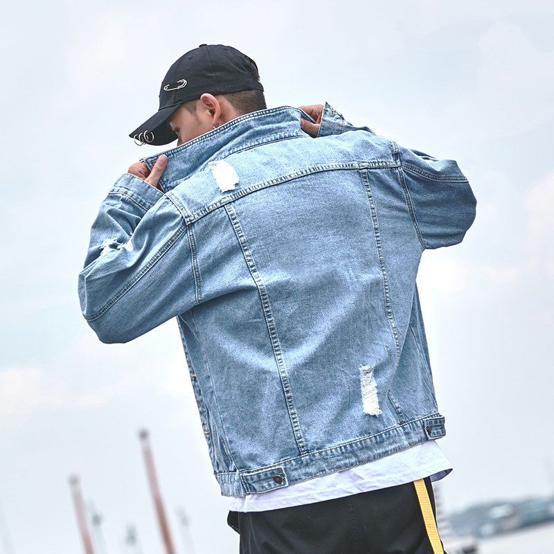 Autumn ripped denim jacket male student Korean version jacket male trendy handsome loose gown jacket couple clothes