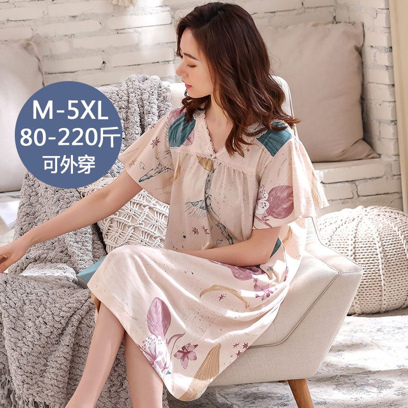 100% cotton pajamas women's summer nightdress fat mm short-sleeved loose Korean version large size can be worn outside maternity skirt 200 catties