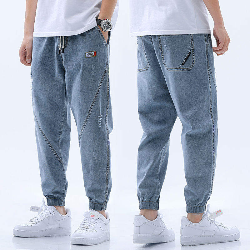Autumn and winter jeans men's loose large size Capris Leggings casual pants elastic Korean fashion hole trend