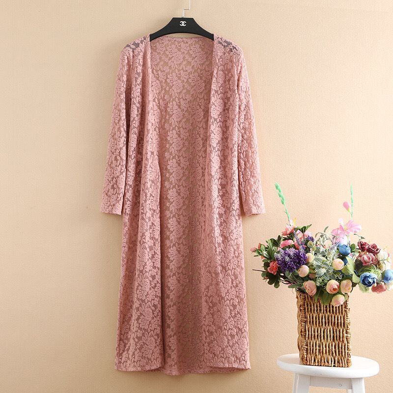 Spring and summer outer wear lace shawl top women's large size long-sleeved coat air-conditioning shirt mid-length all-match sunscreen cardigan