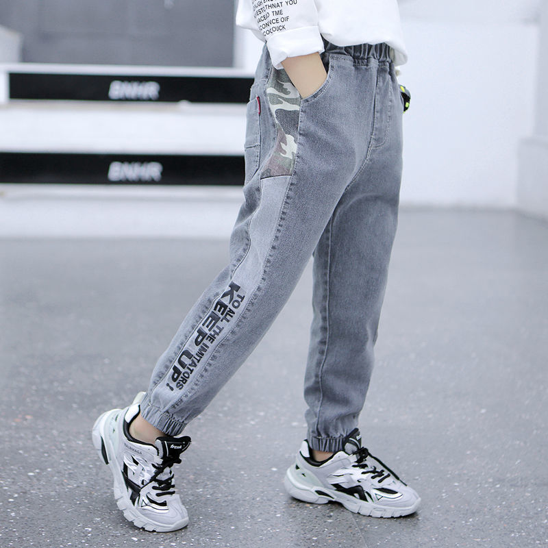 Boys' jeans spring and autumn children's trousers loose middle and big boys' pants winter plus velvet thickened trousers