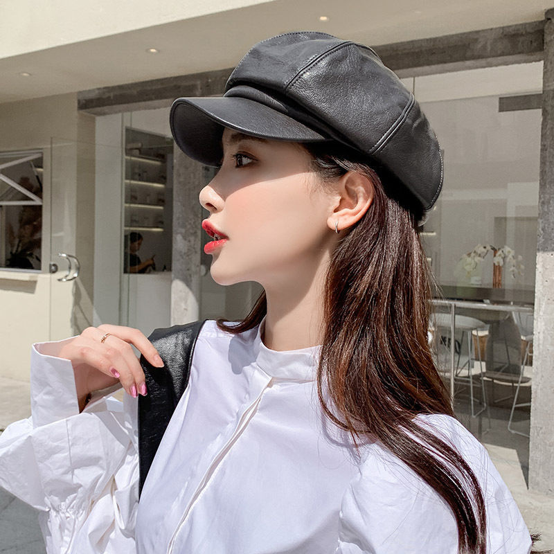 PU leather octagonal Hat Women's autumn and winter British Chaozhou Korean version spring and autumn fashion versatile Leather Hat duck tongue Beret