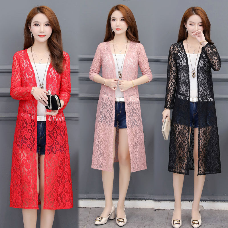 Spring and summer outer wear lace shawl top women's large size long-sleeved coat air-conditioning shirt mid-length all-match sunscreen cardigan