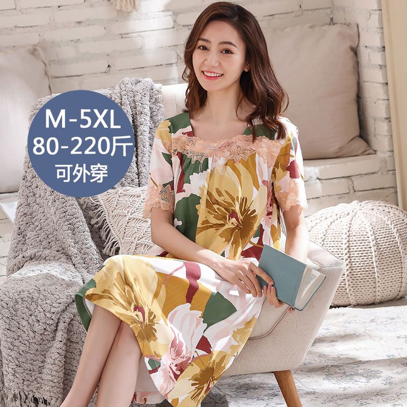 100% cotton pajamas women's summer nightdress fat mm short-sleeved loose Korean version large size can be worn outside maternity skirt 200 catties