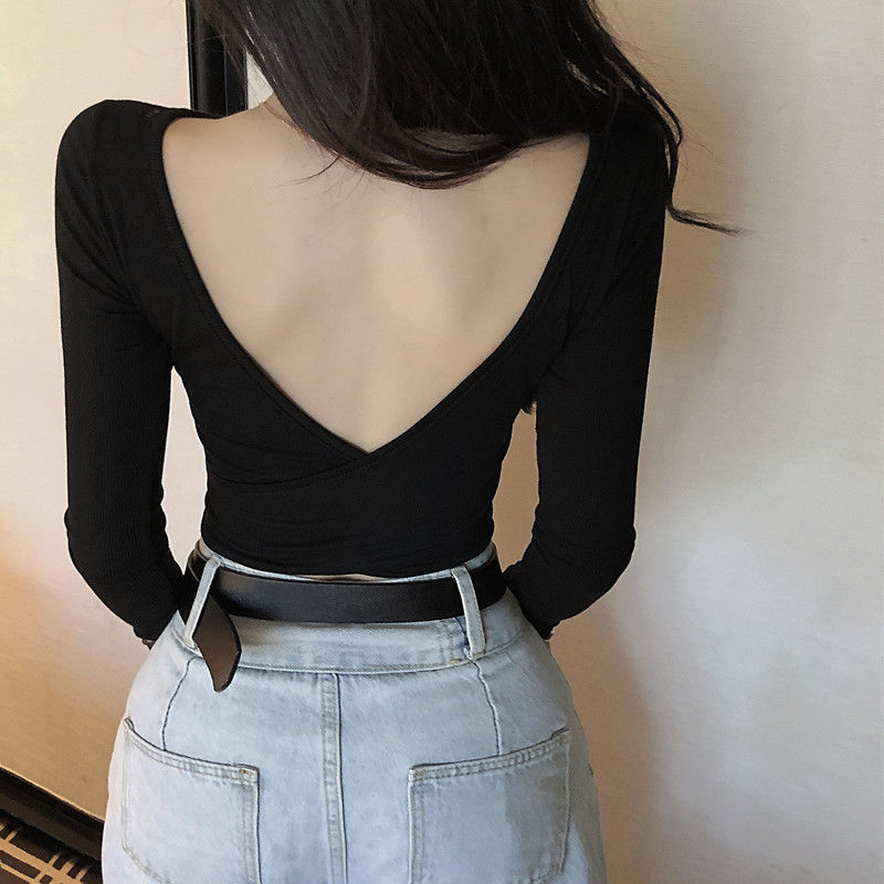 Spring and autumn tight-fitting short two-sided wear inner bottoming t-shirt ladies backless sexy open chest outerwear long-sleeved top winter