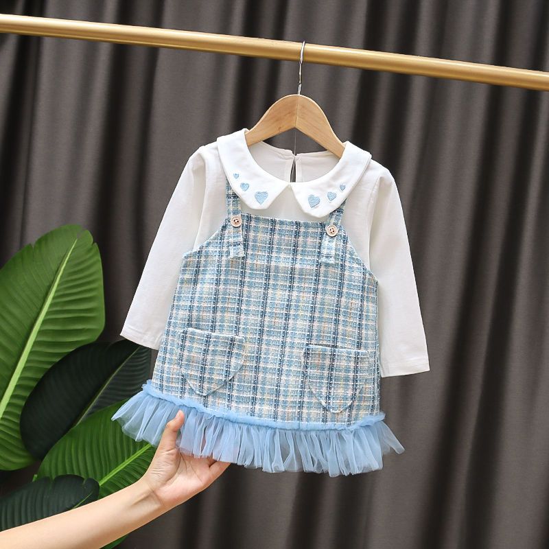Girls' 2020 Spring and Autumn Style Infants Super Western Style Small Fragrance Love Embroidery Real Two-piece Suspender Dress Suit