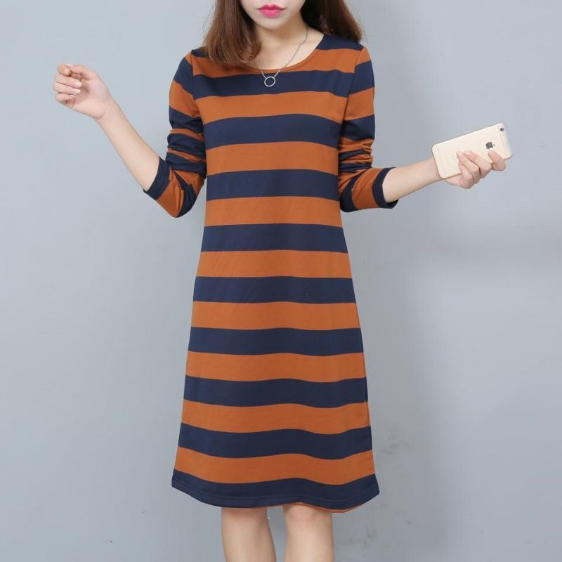Autumn dress large size belly covering casual Long Sleeve Striped T-shirt skirt women's loose waist and thin medium length base dress