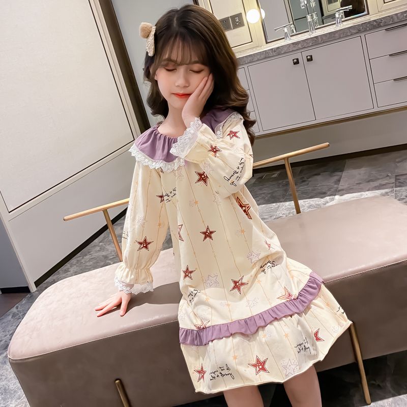 女童睡裙棉中長款春夏兒童睡衣小女孩家居服大童公主長短袖連衣裙