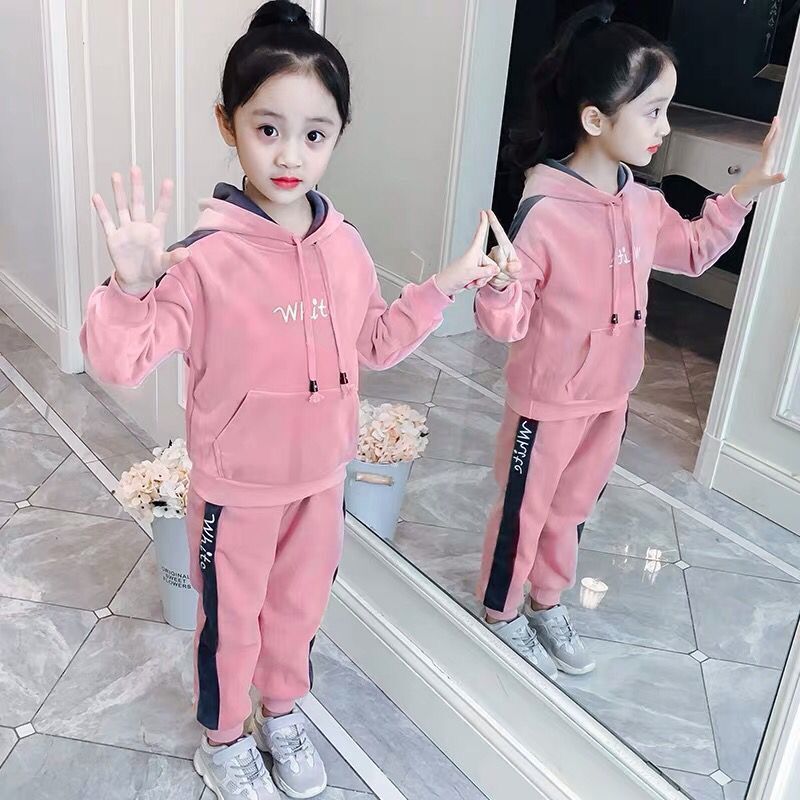 Girls autumn suit 2020 new Korean style foreign style velvet winter Plush thickened two piece suit for children