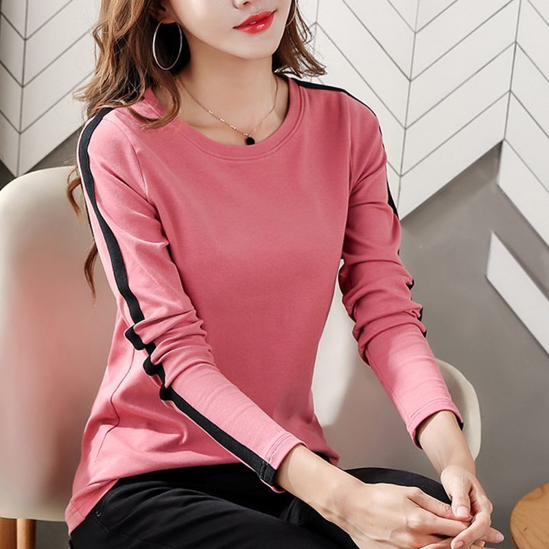 Cotton spring and autumn new long sleeve solid color T-shirt women's Korean splicing loose and thin large size base coat