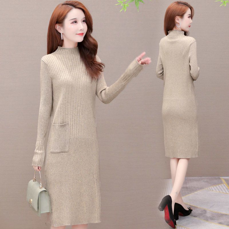 Autumn and winter mid length over the knee with overcoat knitted dress with thickened female Pullover and Western style half high collar