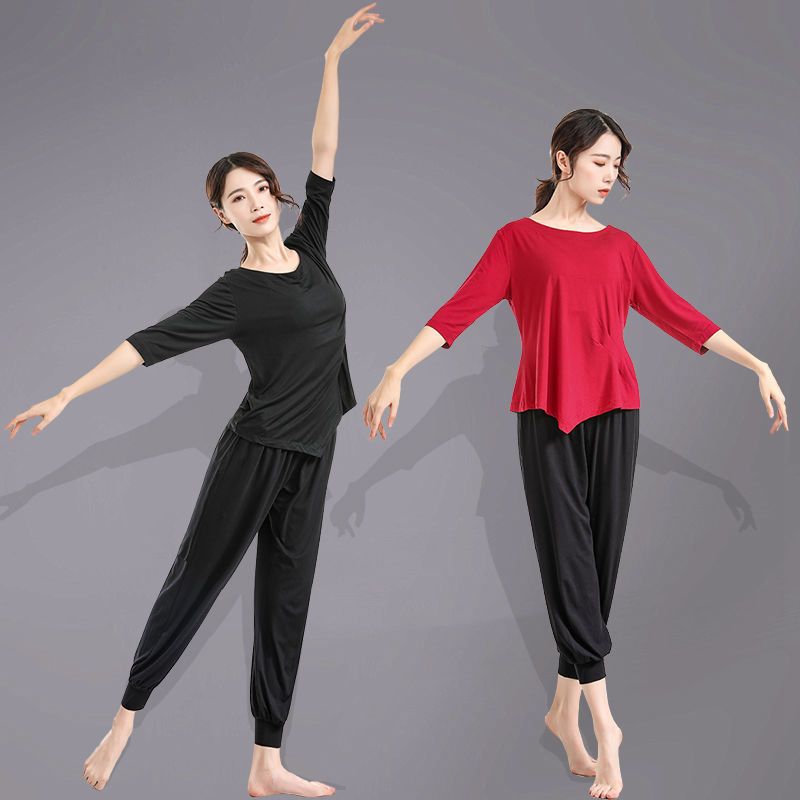 宽松舞蹈练功服女套装春夏形体现代跳舞衣服中国古典舞服装舞蹈裤 虎窝拼