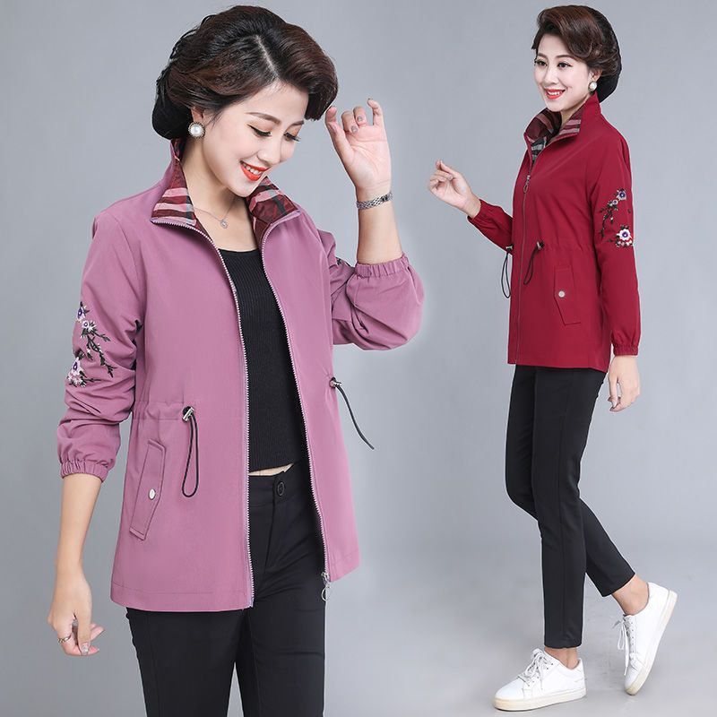 Mother's autumn coat women's short middle-aged windbreaker  new middle-aged and elderly spring and autumn embroidered thin jacket