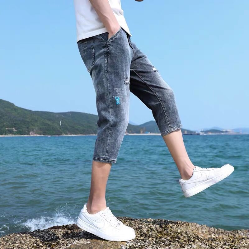Summer new versatile denim shorts men's thin loose Korean Trend Capris straight loose tether