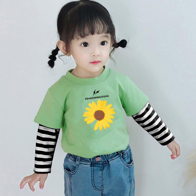 Boys' and girls' T-shirt 2021 spring and autumn clothing Korean version long sleeve children's fake two-piece Top Girls' outer wear