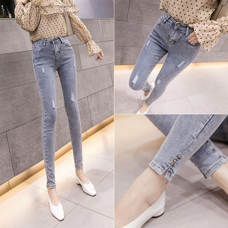 Ripped jeans women's pencil pants new slim high waist elastic self-cultivation fashion all-match net red pencil nine-point pants