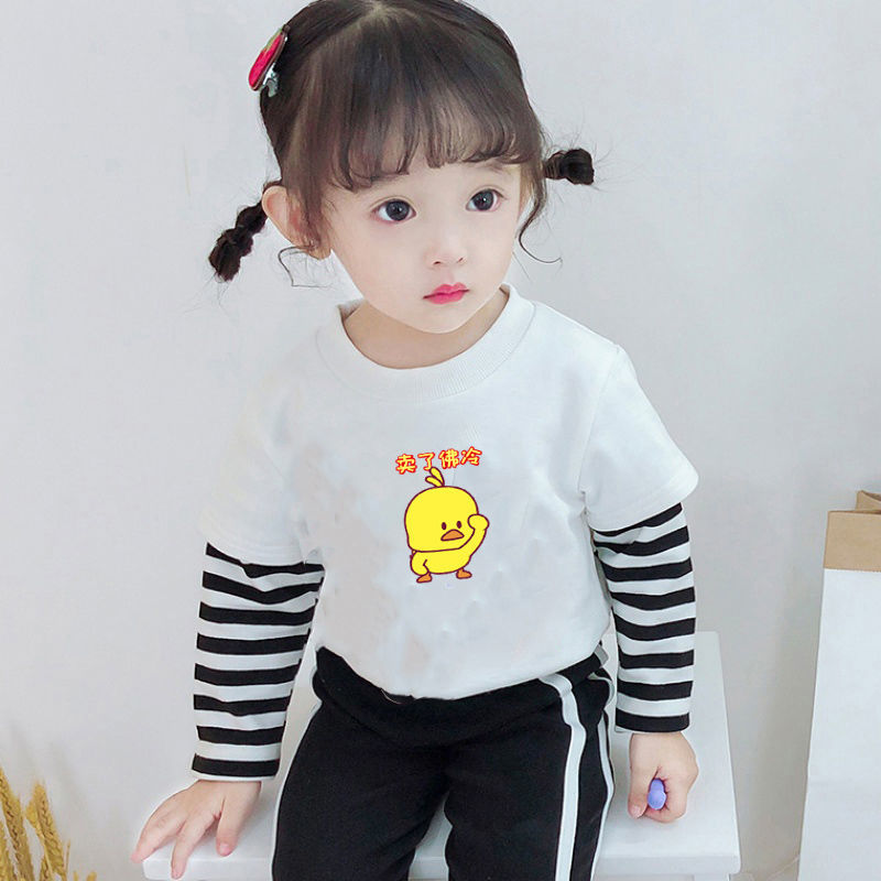 Boys' and girls' T-shirt  spring and autumn clothing Korean version long sleeve children's fake two-piece Top Girls' outer wear
