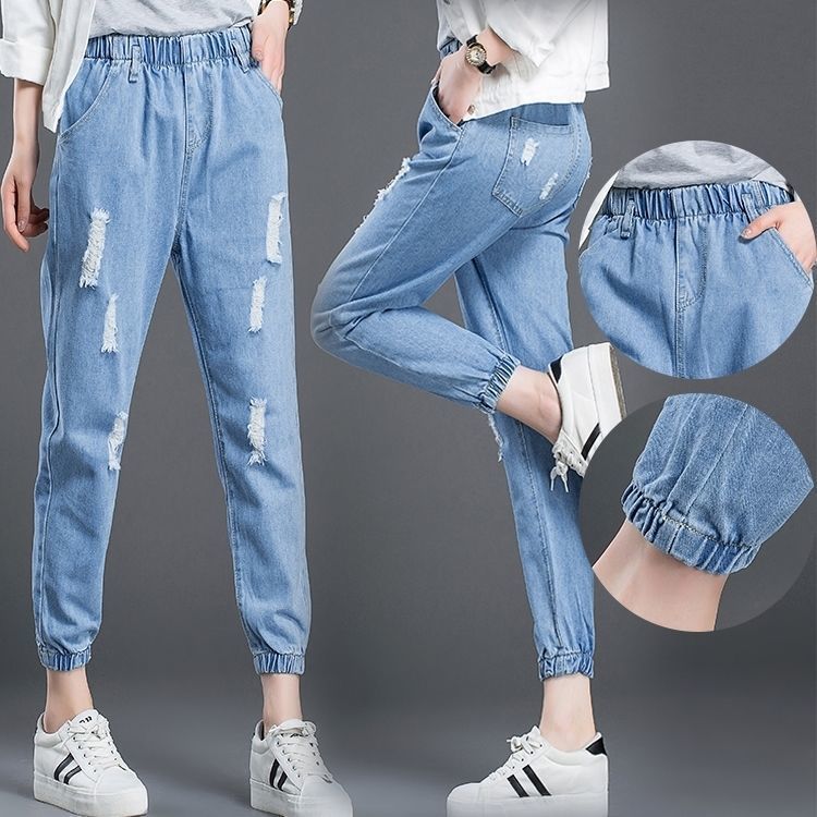 Ripped jeans women's pencil pants new slim high waist elastic self-cultivation fashion all-match net red pencil nine-point pants