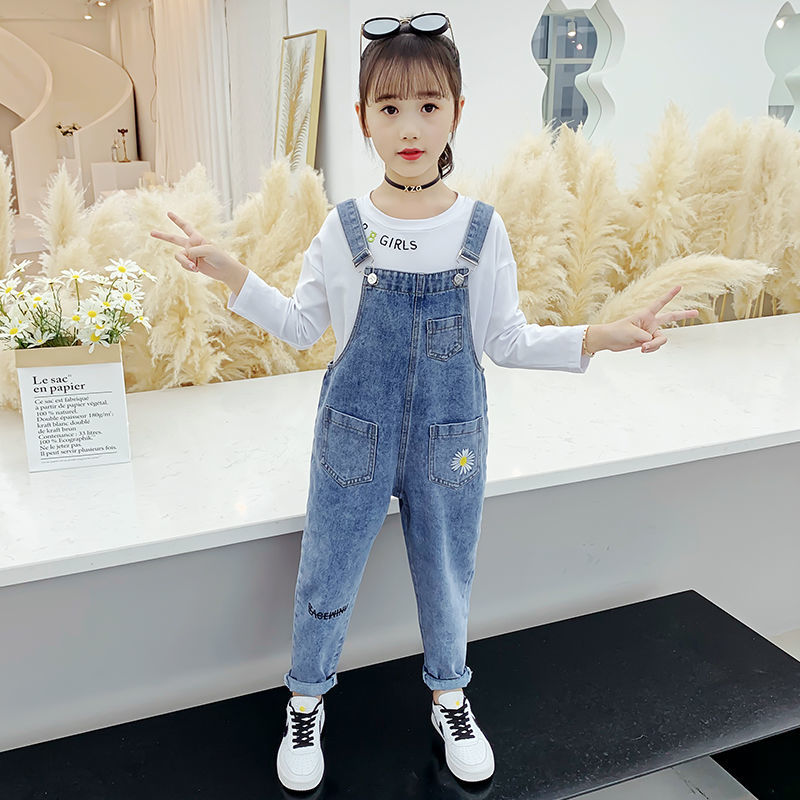 2020 new online Red girls autumn jeans pants children's foreign style one-piece suspender Suit Girls spring and Autumn