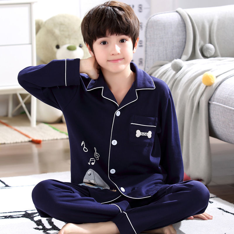 Children's pajamas, boys' autumn and winter long-sleeved cotton cardigans, boys' cotton 12-year-old children's 15-year-old home clothes set