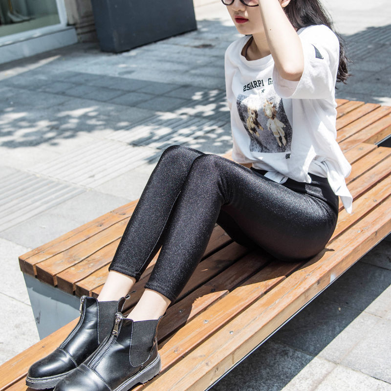 Thin/velvet thick elastic glossy leggings women's outerwear black high waist XL slim warm cotton trousers