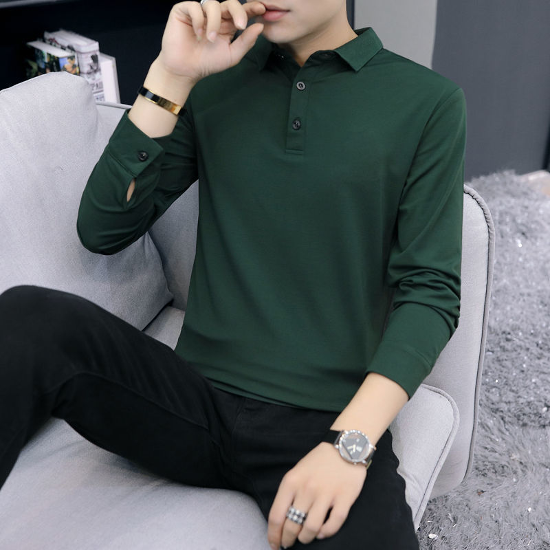 Hot selling new cotton t-shirt men's long sleeve Lapel slim Korean fashion T-shirt polo shirt men's spring and Autumn