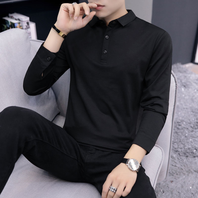 Hot selling new cotton t-shirt men's long sleeve Lapel slim Korean fashion T-shirt polo shirt men's spring and Autumn