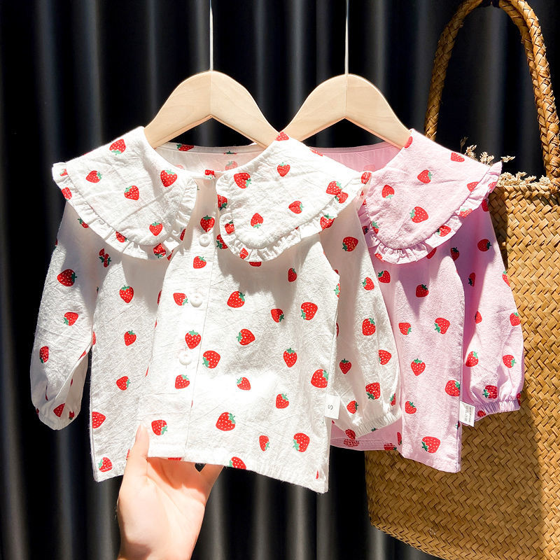 女童衬衫2021春装女宝宝草莓长袖娃娃衫春夏洋气衣服小女孩衬衣