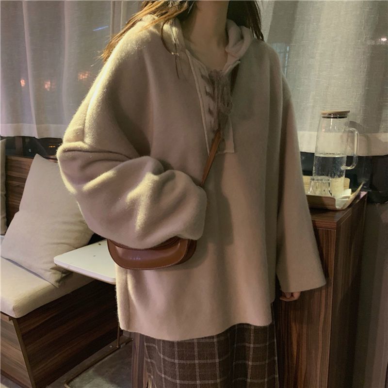 Autumn / winter yuansuo BF wind bandage sweater female student Korean Plush thickened loose Pullover Hooded long sleeve top