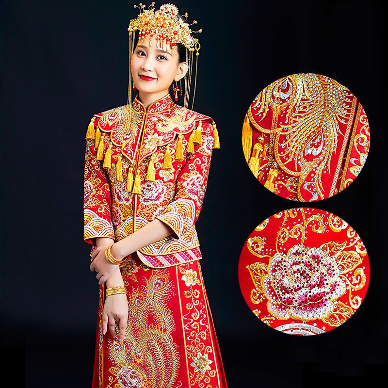 秀禾服新娘结婚礼服中式嫁衣复古改良旗袍裙龙凤褂红色新娘装长款