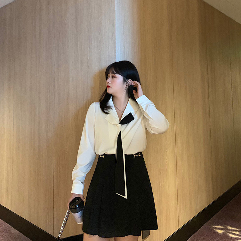 大碼女裝胖mm洋氣白色襯衫長袖半身裙套裝春季2022新款學生兩件套