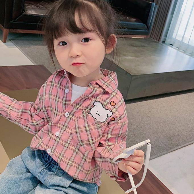 Girls' plaid shirt children's long sleeve top autumn 2020 new Korean style children's cartoon shirt