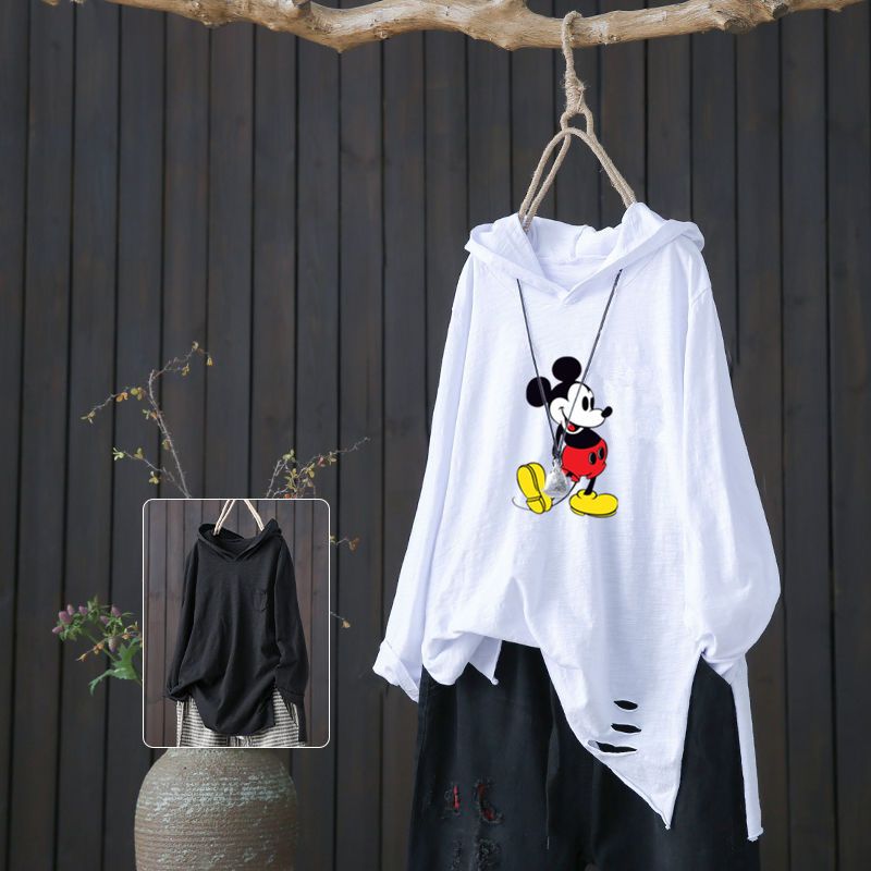 New hooded loose cotton long sleeve women's T-shirt autumn literature and art hole casual top cotton bottomed shirt