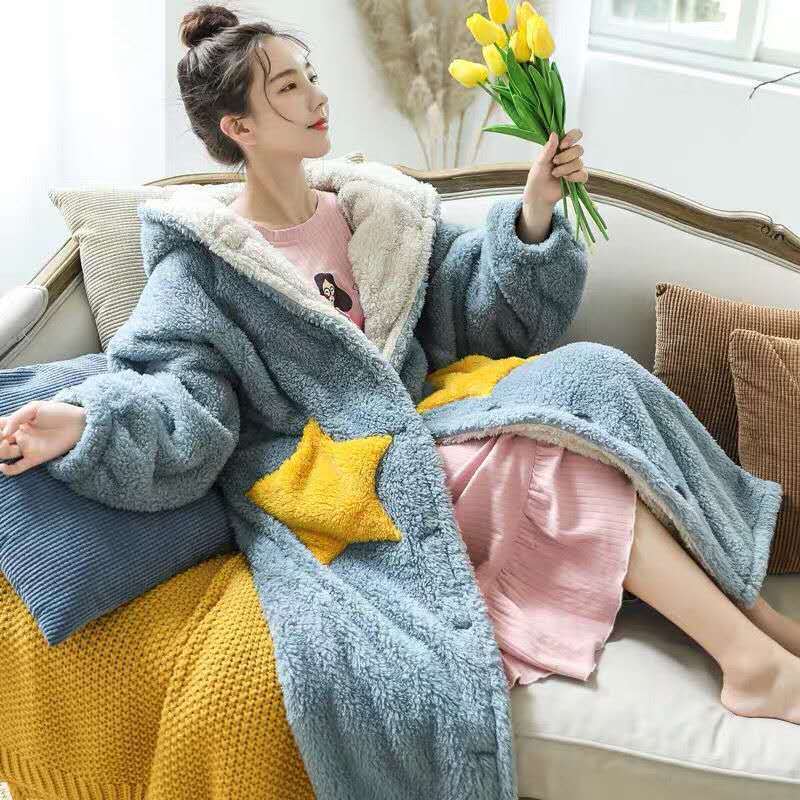 Nightgown women's winter thickened coral velvet pajamas sweet net red lovely star long flannel spring autumn winter