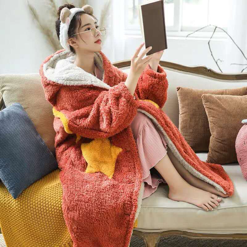 Nightgown women's winter thickened coral velvet pajamas sweet net red lovely star long flannel spring autumn winter