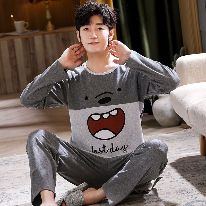 Pajamas men's cotton suit autumn loose and fat plus size youth long sleeve trousers men's home wear spring and Autumn