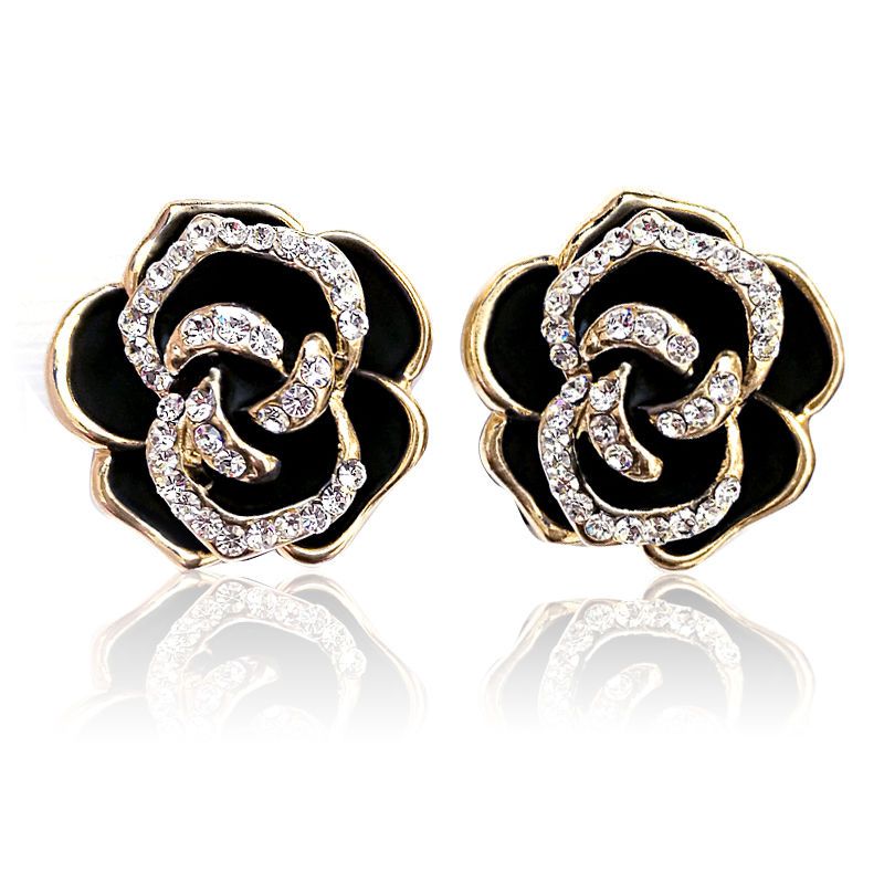 Orecchini a clip con rosa nera e strass argento elegante_voghion.com