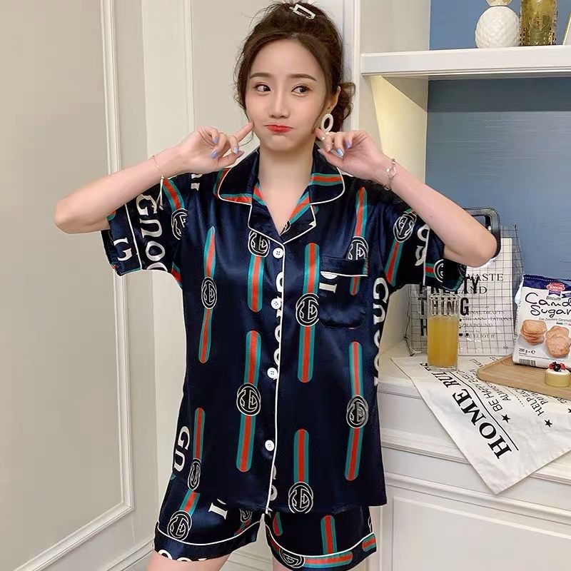 Lovers' pajamas female summer men's pajamas short sleeve cartoon silk net red style can wear comfortable home suit
