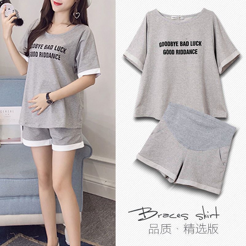 Maternity summer suit short sleeve shorts loose top Korean summer maternity suit leisure sports two piece set