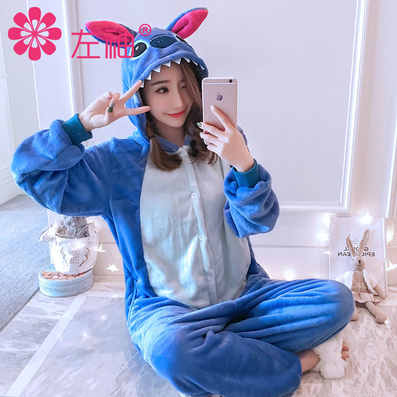 Green dinosaur cartoon one-piece pajamas female autumn and Winter Animal suit lovers students lovely home wear thickened flannel
