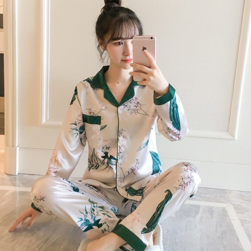睡衣女夏季冰絲長袖開衫春秋季韓版學生性感薄款ins仿真絲家居服